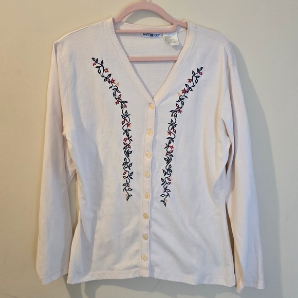 White Stag Sweaters - White Stag Womens Cream Floral Embroidered Button Front Cardigan Sweater Medium